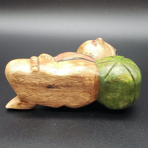 Hand Carved Vintage Wooden Sleeping Girl on Watermelon or Beach Ball Figurine - Picture 7 of 7